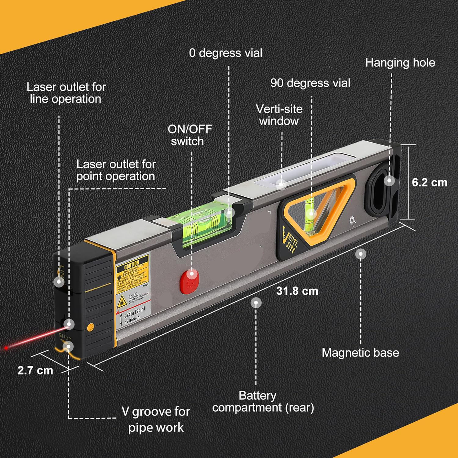 2-in-1 Laser Spirit Level, Magnetic Torpedo Level with LED Light, Alignment Point & Leveling Line - Image 4
