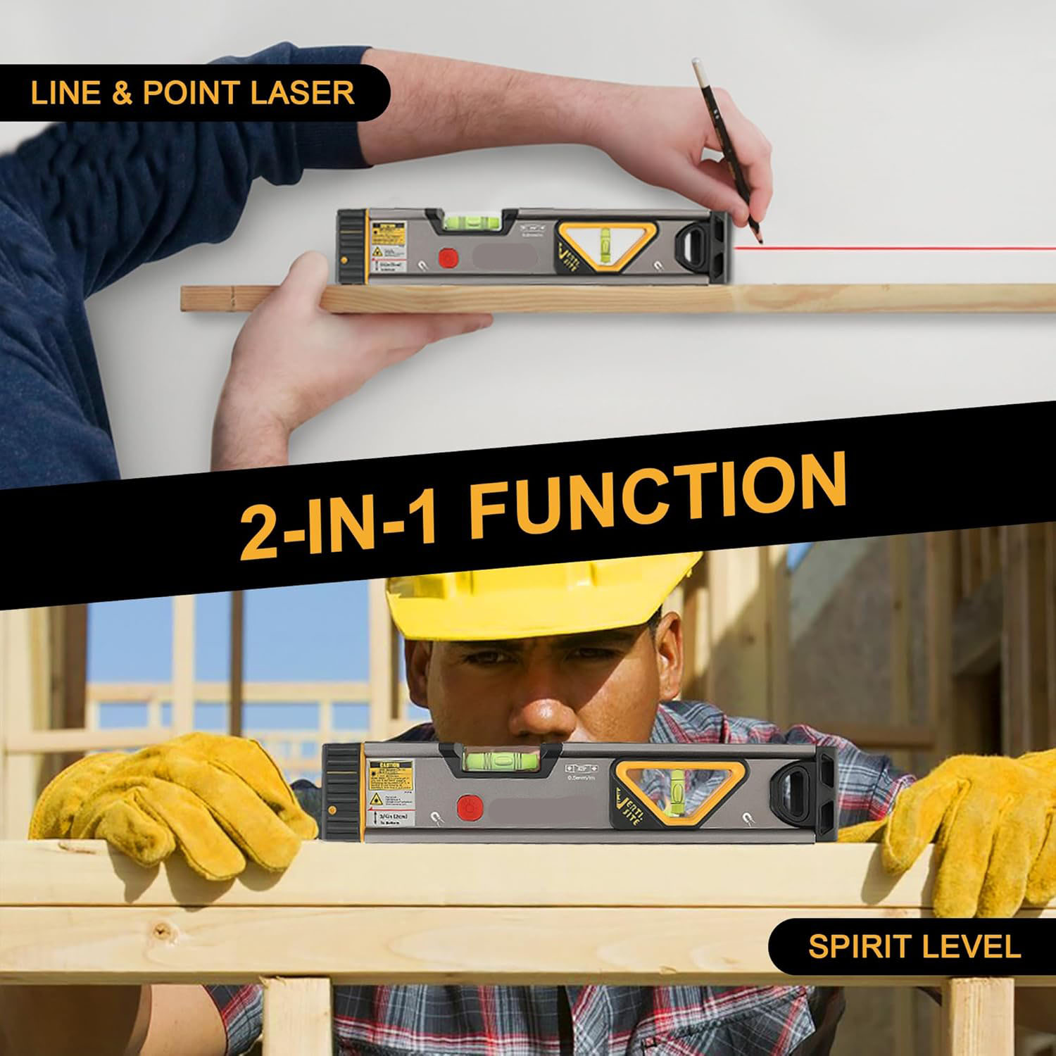 2-in-1 Laser Spirit Level, Magnetic Torpedo Level with LED Light, Alignment Point & Leveling Line - Image 3