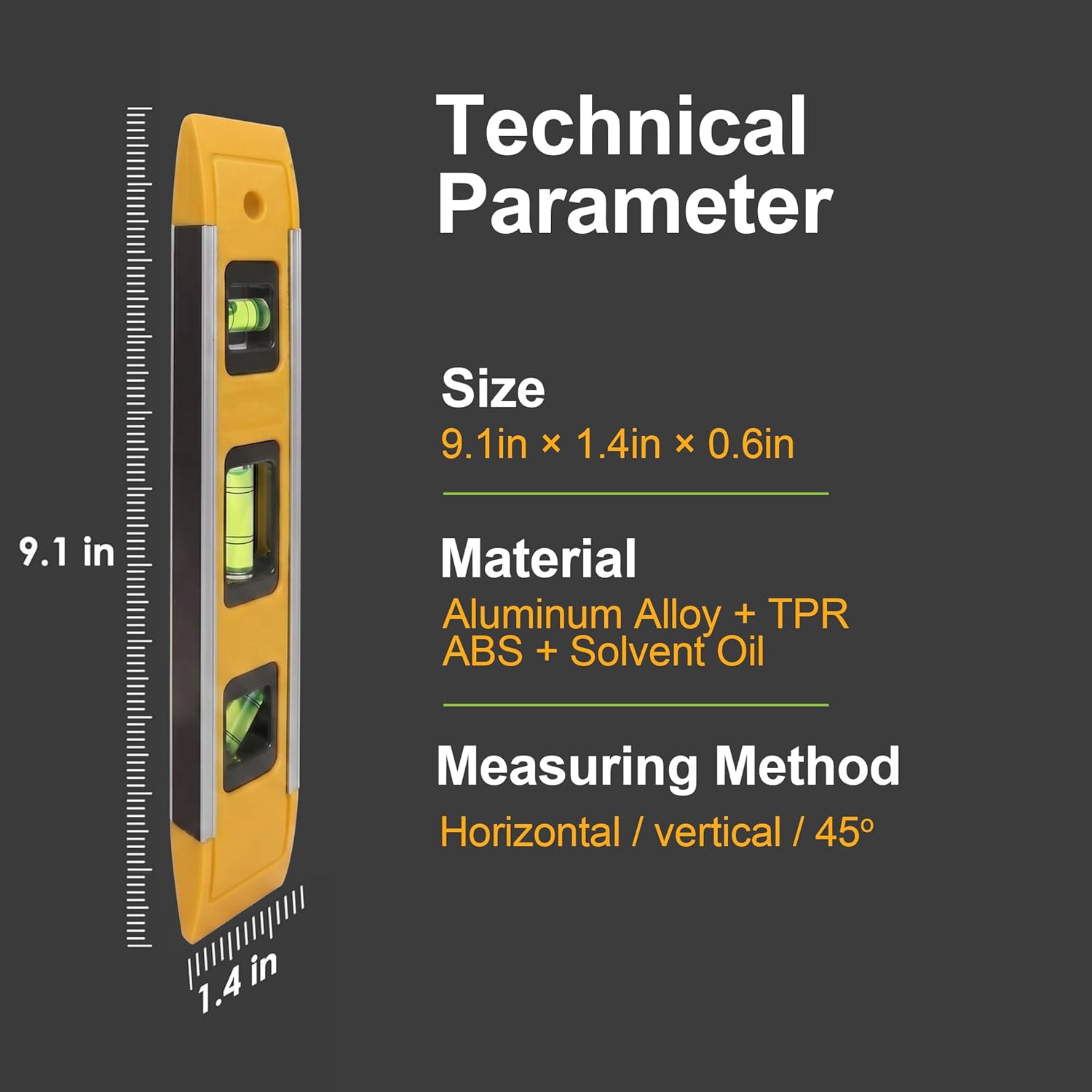 Magnetic Torpedo Level 9 Inch / 230mm, 3 Bubble Vials (45°/90°/180°), Shock-Resistant - Image 8
